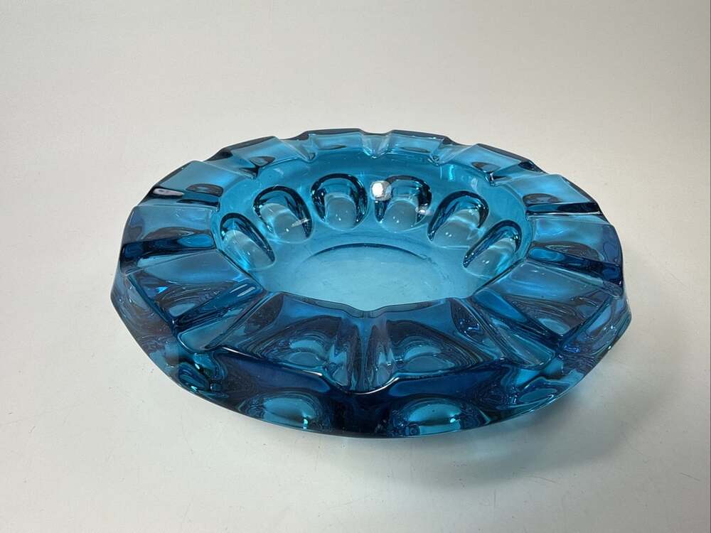 Vtg Azure Blue Glass Coin Thumb Print Ashtray Heavy/ Thick G2